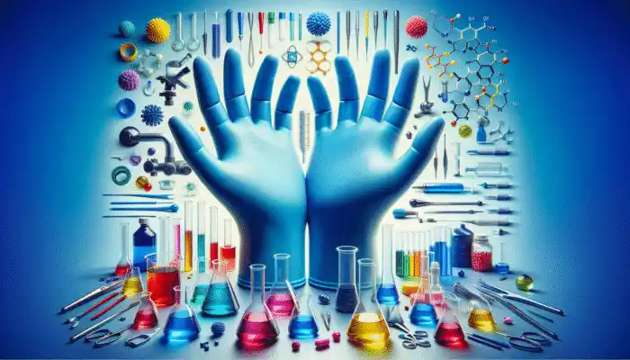 Buy Nitrile Gloves in Neath: Vibrant blue nitrile gloves against lab equipment, showcasing durability and chemical resistance.