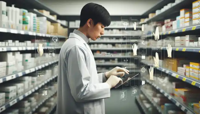 A medical professional ordering sterile latex gloves on a tablet in a hospital supply room in Norwich.