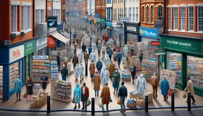 Polythene Gauntlet Gloves in Leicester: Leicester street scene with shops showcasing polythene gauntlet gloves for healthcare and industry.