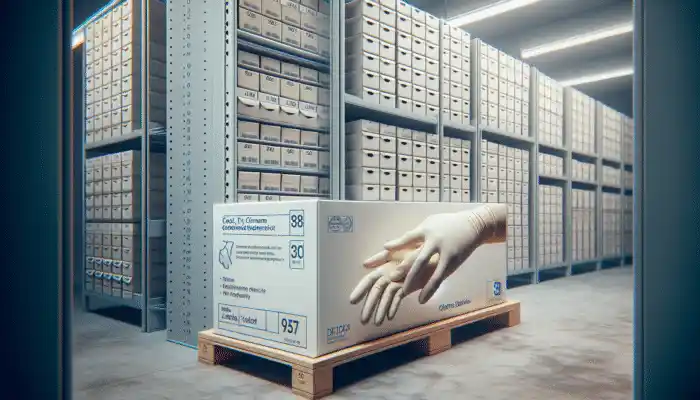 Sterile latex gloves in a cool, dry, climate-controlled room, shielded from sunlight, with intact packaging on shelves.