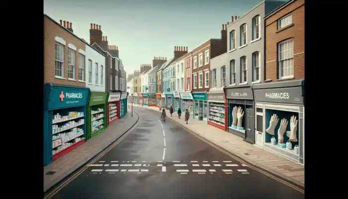 A Dover street with signs for Boots Pharmacy, Superdrug, Pharmacy Direct, and Medisave, displaying medical supplies including sterile latex gloves.