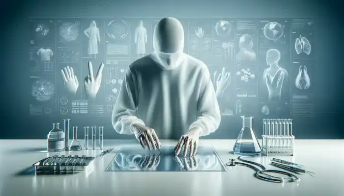 Polythene Gloves in Bradford: A person in a lab wearing lightweight, transparent polythene gloves, working with scientific tools and samples.