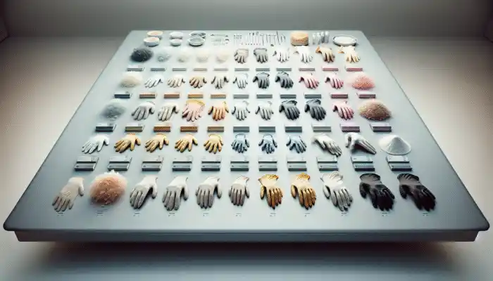 Assorted polythene gloves on a table in a clinical setting, including powdered, powder-free, and colored types.