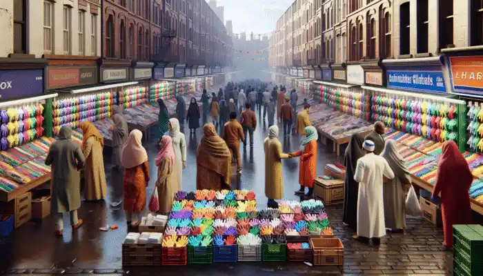 Bradford street with local shops selling various polythene gloves, customers browsing and buying.