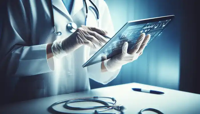 Disposable Vinyl Gloves in Cambridge: A healthcare worker using disposable vinyl gloves to handle medical equipment in a sterile environment.