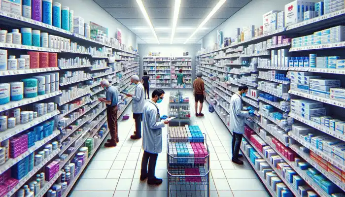 Nitrile Gloves in Swindon: A local pharmacy aisle with various nitrile gloves on shelves, customers browsing and selecting.