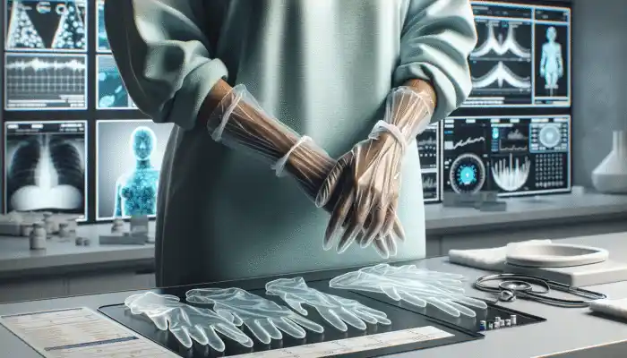 Polythene Gauntlet Gloves in Eastleigh: Transparent polythene gauntlet gloves with extended cuffs worn in a sterile lab for arm protection and hygiene.