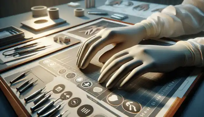 Latex Gloves in Alnwick: Hands in flexible, elastic latex gloves, used in medical, dental, and industrial settings.