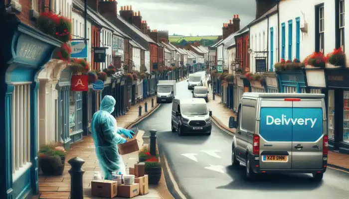 A busy Alnwick street with pharmacies, medical stores, and delivery vans for latex gloves.