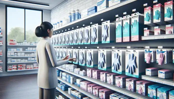A customer browsing various nitrile gloves at a modern pharmacy, ensuring compliance with health and safety standards.
