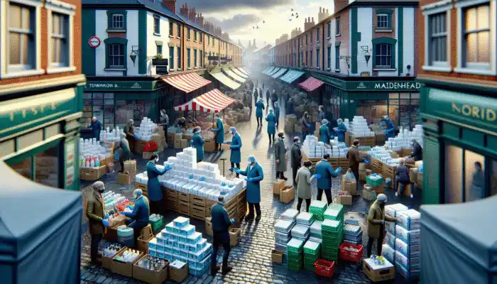 A market scene in Maidenhead with vendors selling nitrile gloves and an expert giving advice.