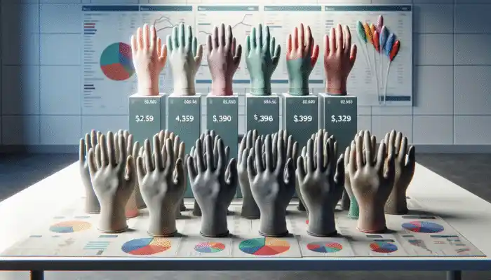 A variety of nitrile gloves on a table, different colors and thicknesses, with price tags ranging from low to high, in a clinical setting.