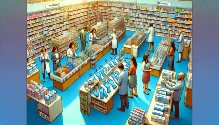 Nitrile Gloves in Brighton: A busy Brighton pharmacy with a section for nitrile gloves of various brands and sizes, staff assisting customers.