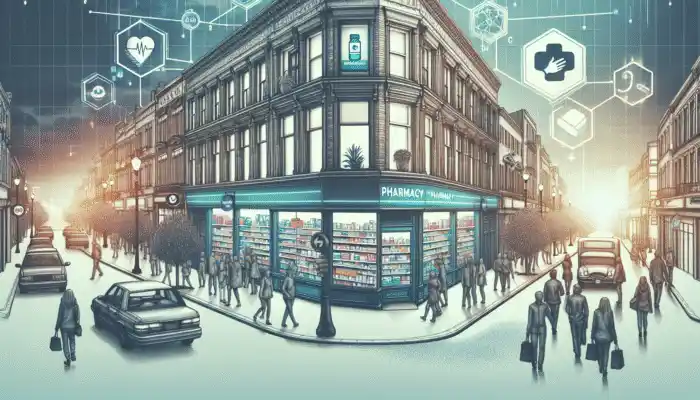 Sterile Gloves in Bedford: Bedford street with Boots, Lloyds Pharmacy, and an independent pharmacy displaying sterile gloves.