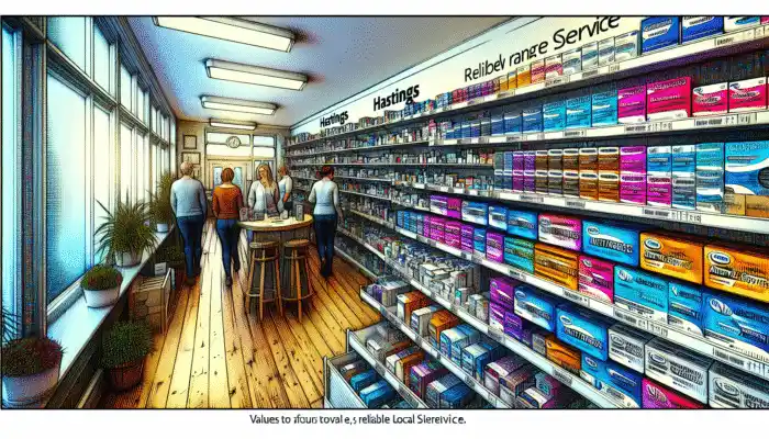 Latex Gloves in Hastings: A busy Hastings pharmacy with diverse latex gloves on shelves, customers and staff interacting.