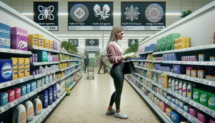 A shopper in Hastings selecting latex gloves from a supermarket's health and beauty aisle, with ASDA and Tesco signs visible.