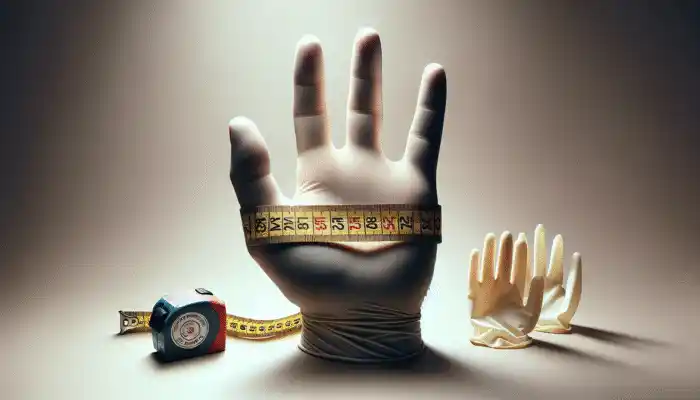 Hand measuring its width with a tape measure, near various sizes of latex gloves.