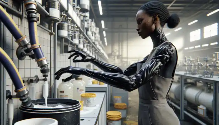 Latex Gauntlet Gloves in Northampton: Person wearing long, durable latex gauntlet gloves reaching towards hazardous chemicals, ensuring safety and hygiene.