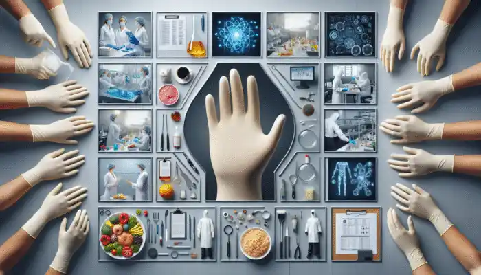 Latex gauntlet gloves used in healthcare, food service, labs, and cleaning for safety and hygiene.