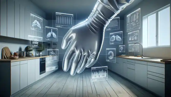 Polythene Gauntlet Gloves In Poole: Person wearing long, transparent polythene gauntlet gloves in a modern kitchen, emphasizing hygiene and safety.