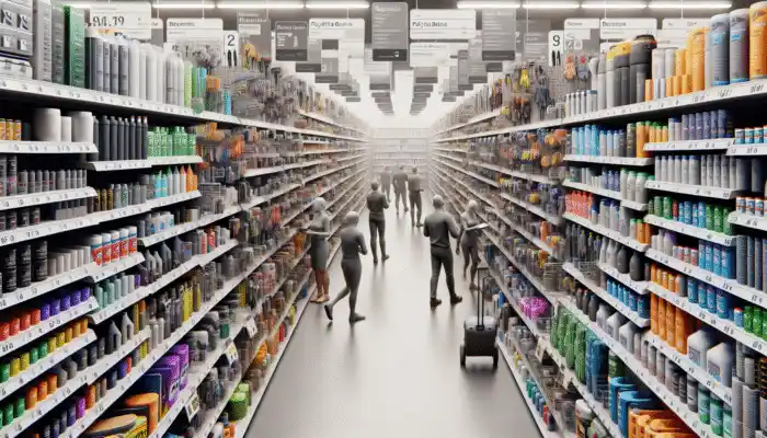 A busy hardware store aisle in Poole with polythene gauntlet gloves on shelves, customers browsing.