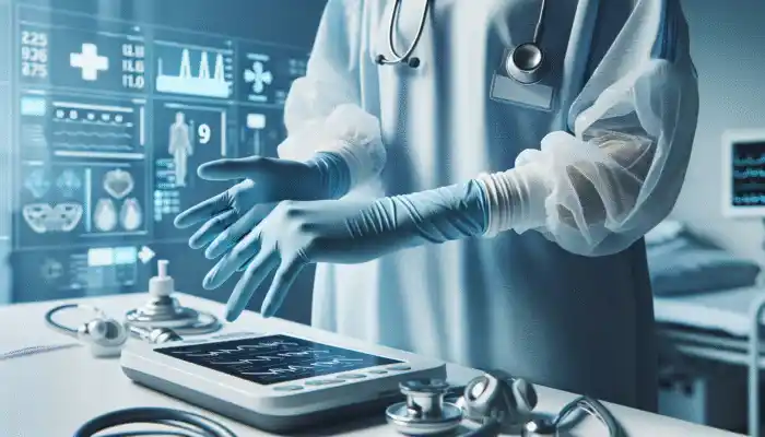 Powdered Vinyl Gloves in Newmarket: Buy Powdered Vinyl Gloves in Newmarket: A healthcare worker in light blue powdered vinyl gloves handling medical equipment in a modern hospital.