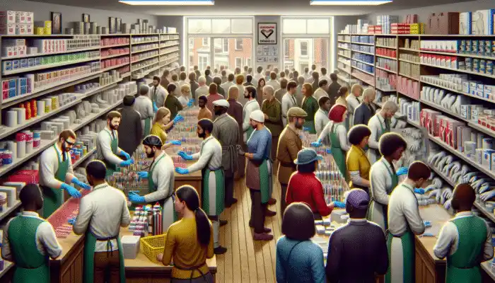 A busy Swansea specialty shop with shelves of latex gauntlet gloves and staff helping customers choose safety gear.