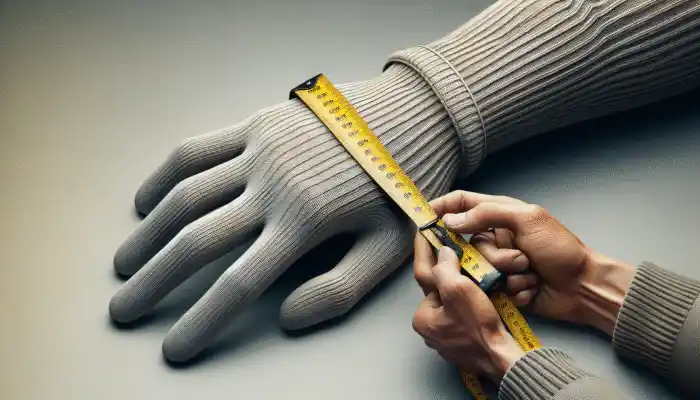 A person measuring hand circumference and trying on a well-fitted glove.