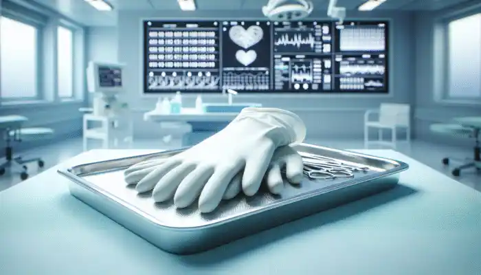 Sterile Gloves Supplier in Cheltenham: Close-up of sterile medical gloves on a surgical tray in a bright hospital environment.