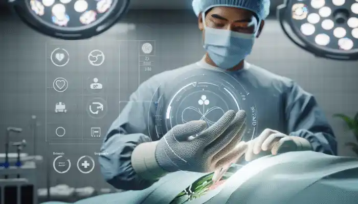 A healthcare worker using biodegradable, ergonomic gloves with textured fingertips in an eco-friendly operating room.