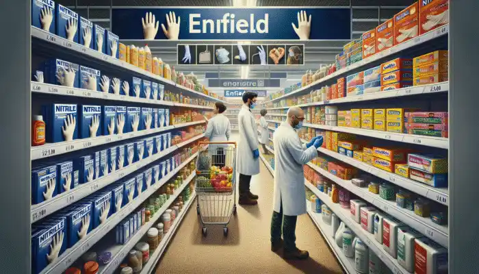 Nitrile Gloves in Enfield: Enfield supermarket aisle with diverse nitrile glove brands and groceries for various customers.