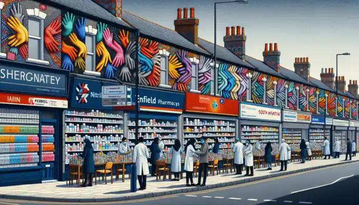 Enfield street scene with pharmacies like Boots, Lloyds, Superdrug displaying nitrile gloves, staff assisting customers.