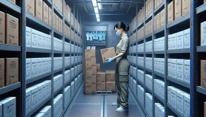 A worker inspecting unopened nitrile glove boxes in a cool, dry, organized storage room.