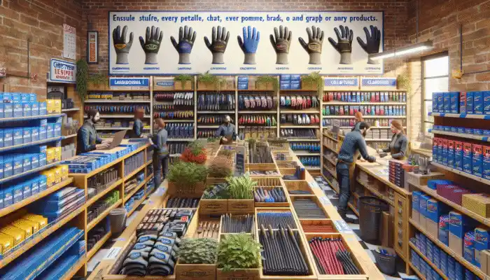 Latex Gauntlet Gloves in Christchurch: A busy Christchurch hardware store with shelves of gloves for various uses, staff helping customers.