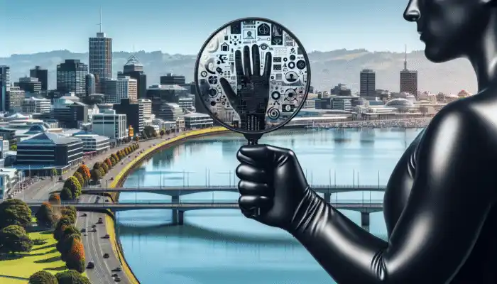Person in black latex gauntlet gloves with magnifying glass, Christchurch cityscape background, guide on glove purchasing.