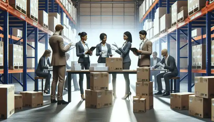 Local experts in Ipswich discussing nitrile gloves orders in a warehouse, surrounded by boxes and charts.