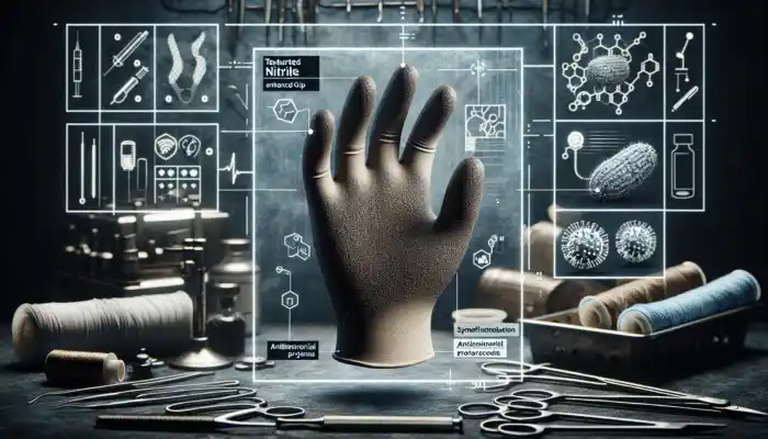 Textured nitrile glove with enhanced grip and antimicrobial properties, displayed with surgical tools and industrial machinery in Ipswich.