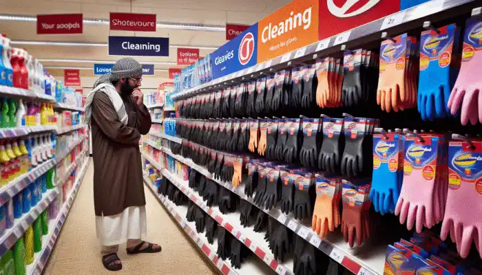 Rubber Gloves in Wakefield: Shopper compares rubber gloves in Wakefield supermarket, focusing on quality and size variety from Tesco and Sainsbury's.