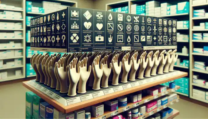 Close-up of hypoallergenic, latex-free nitrile and vinyl gloves on a pharmacy shelf.