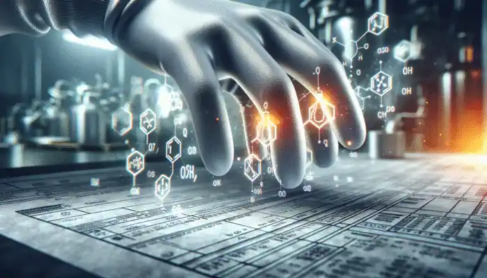 Durable nitrile gloves handling harsh substances, showcasing chemical resistance and snug fit for precision tasks.