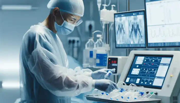 A healthcare worker in transparent polythene gloves handling medical equipment in a sterile environment.