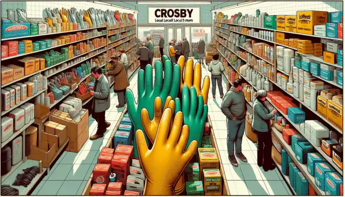 Latex Gauntlet Gloves in Crosby: Local store in Crosby with shelves of latex gauntlet gloves, customers browsing, B&Q and Screwfix signs visible.