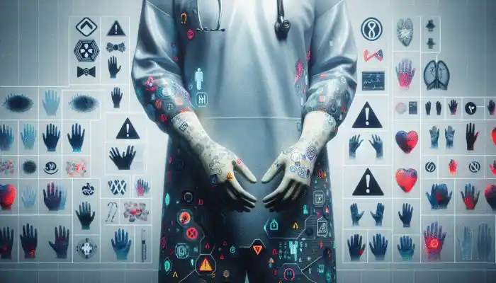 A healthcare worker with latex gloves, surrounded by allergy warnings and alternative glove options.