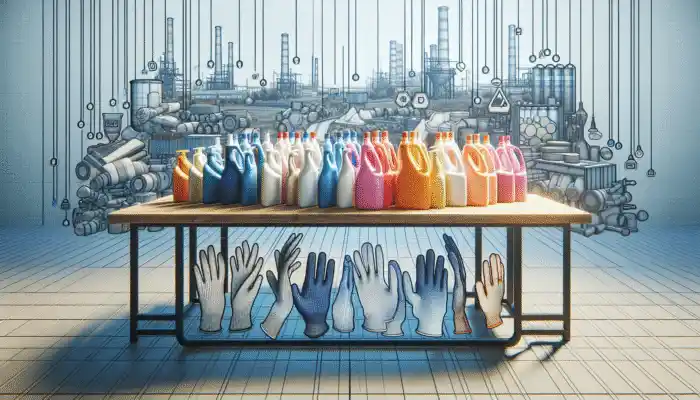 Variety of polythene gloves on display in a Swanscombe store, with industrial town backdrop.