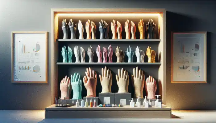Latex Gloves in Esher: High-quality latex gloves on a modern shelf in a well-lit Esher store, various sizes and colors.