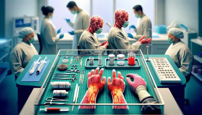 Person with hives and swollen hands examining nitrile, vinyl, and neoprene gloves on a medical table.