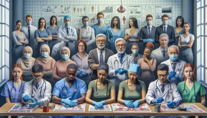 Vinyl Gloves in High Wycombe: Diverse group in High Wycombe using vinyl gloves for medical and food handling, ensuring hygiene.