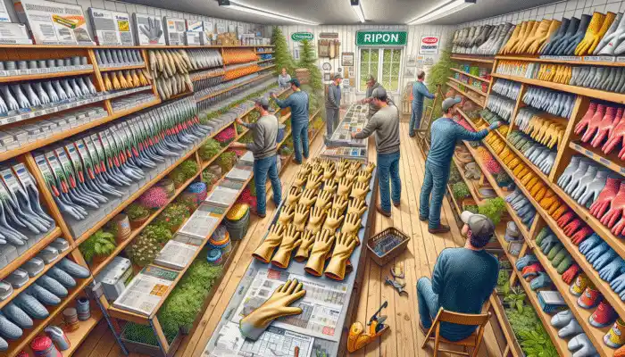 Latex Gauntlet Gloves in Ripon: Local hardware store in Ripon with diverse latex gauntlet gloves, customers trying them for fit and comfort.