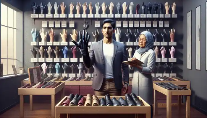 A person in Ripon consulting an expert about stylish latex gauntlet gloves in a modern store.