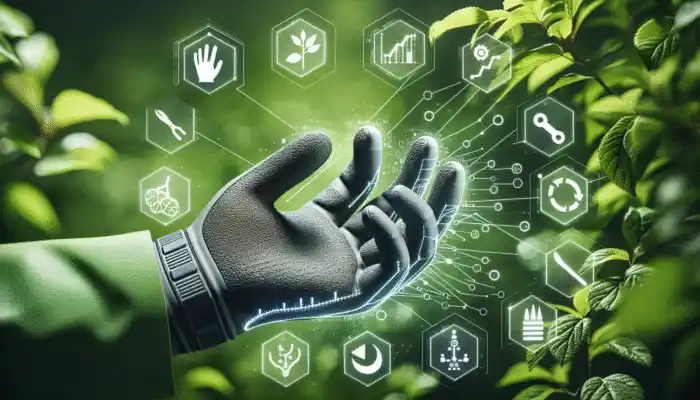 Eco-friendly latex gauntlet gloves with enhanced grip technology on a green foliage background.